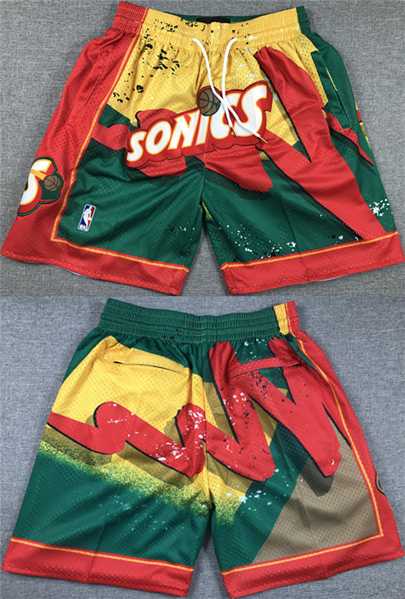Men%27s Oklahoma City Thunder Green Yellow Red SuperSonics Shorts (Run Smaller)1